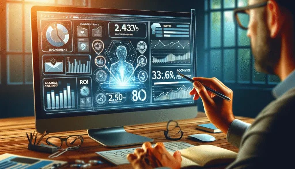 Marketer analyzing crucial social media metrics on a screen, emphasizing data-driven optimization.