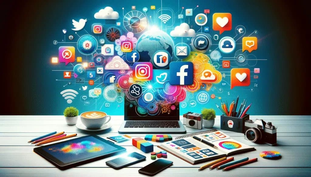 Diverse social media platforms including Facebook, Instagram, and Twitter represented in a vibrant, graphic illustration.