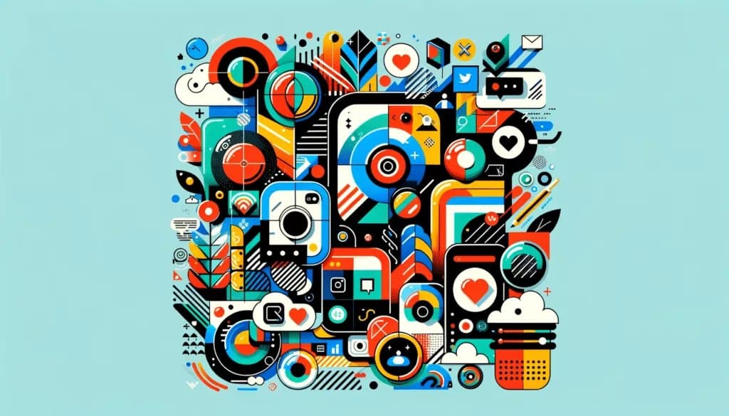 Top Captivating Trends in Social Media Graphics: Navigating the Future In 2024 2 Trends in Social Media Graphics : 2024 trends in vibrant social media graphic designs with diverse platform icons.