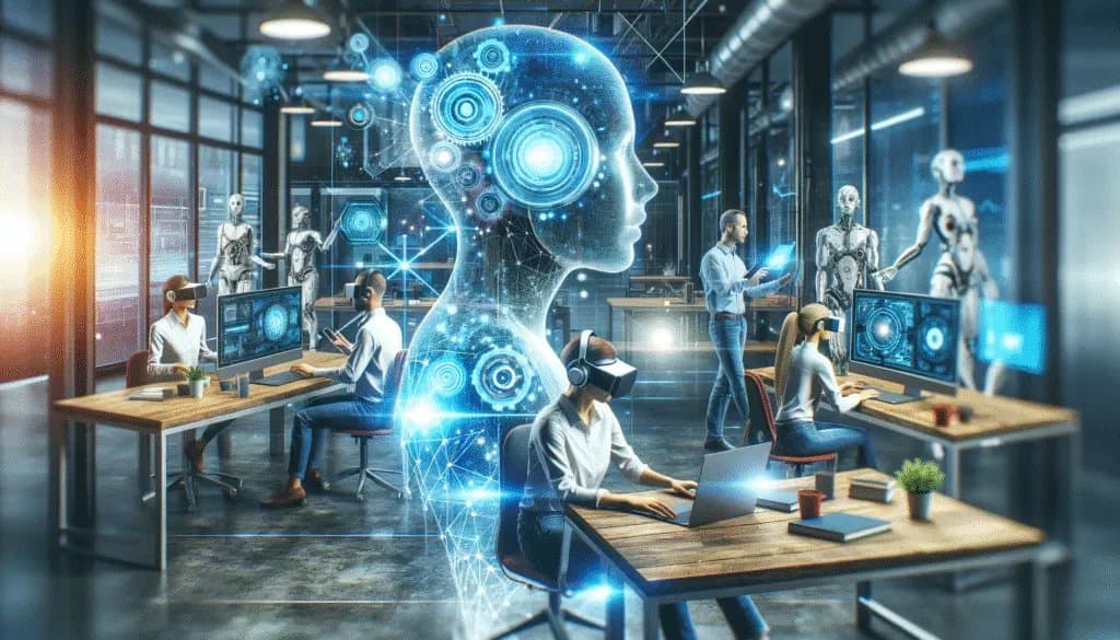 Futuristic workspace with AI and VR technology influenced by Social Media 2.0 trends.