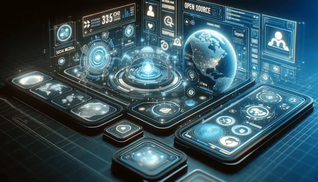 Interface futuriste d'une plateforme de médias sociaux open source dotée de fonctionnalités avancées.