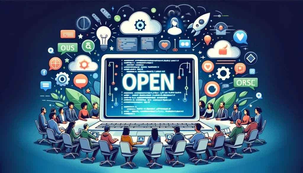 Groupe diversifié collaborant au développement de médias sociaux open source autour d'un écran numérique.