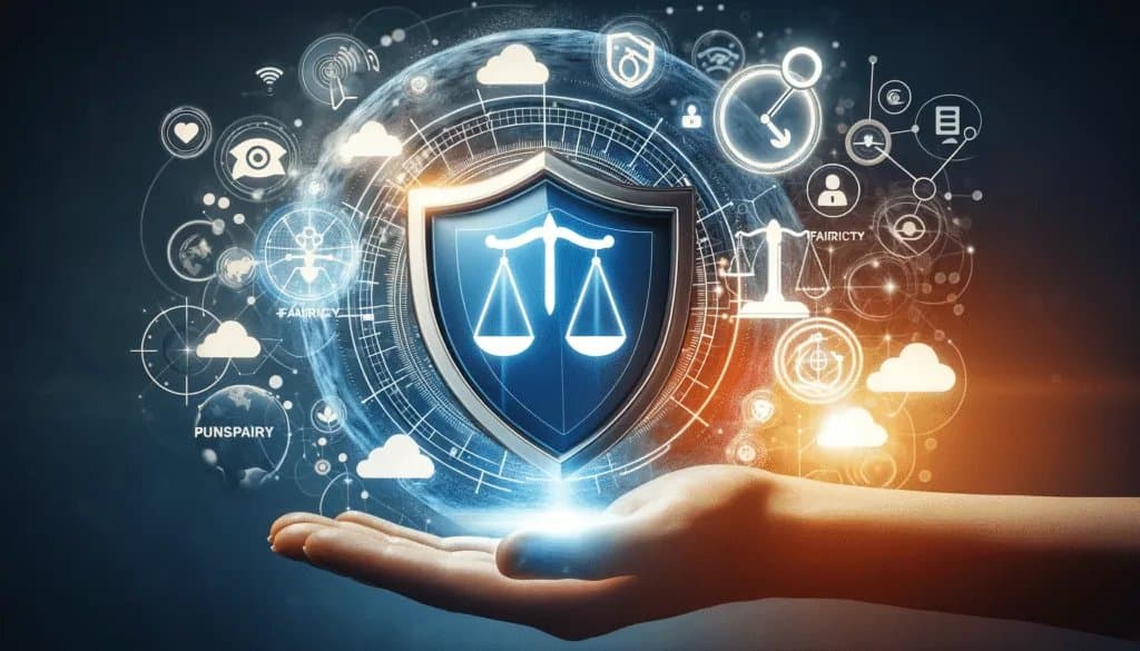 Conceptual representation of ethical considerations in social media advertising, featuring privacy shield, fairness scale, and transparent communication.