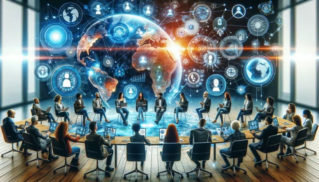 The Revolutionary Future of Social Media: Exploring 2024 and Beyond 3 Diverse avatars in a VR meeting space, symbolizing social media's future in global connectivity.