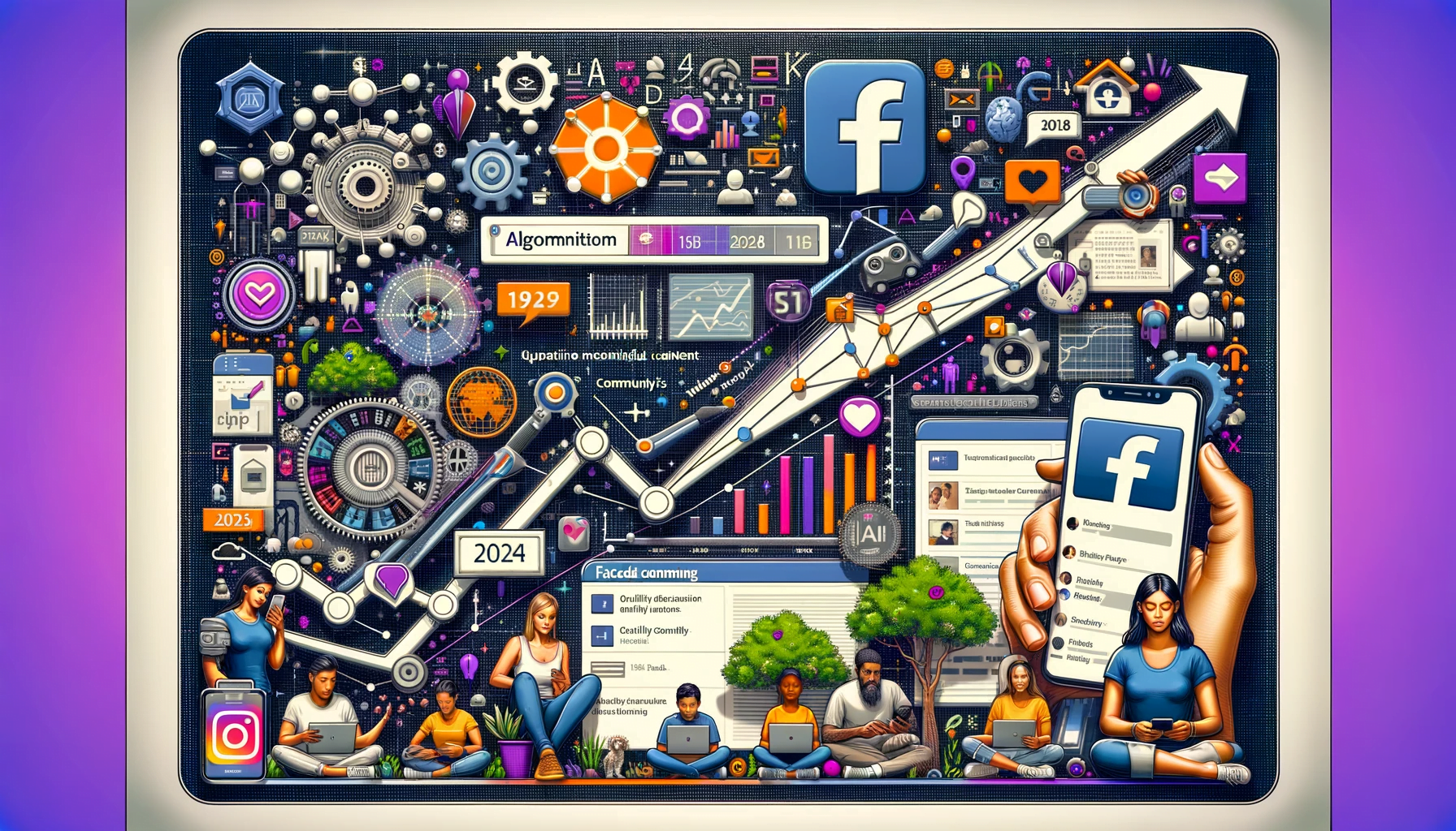 Maîtriser l'algorithme ultime de Facebook : Naviguer dans l'évolution de l'algorithme de 2024 pour un engagement généreux 1 Chronologie infographique montrant l'évolution de l'algorithme de Facebook, avec des étapes importantes telles que l'introduction de l'EdgeRank, le passage à un contenu de qualité, l'accent mis sur les interactions significatives et l'intégration de l'IA en 2024. Inclut divers utilisateurs s'engageant avec Facebook sur différents appareils, symbolisant la portée mondiale et la nature inclusive de la plateforme.