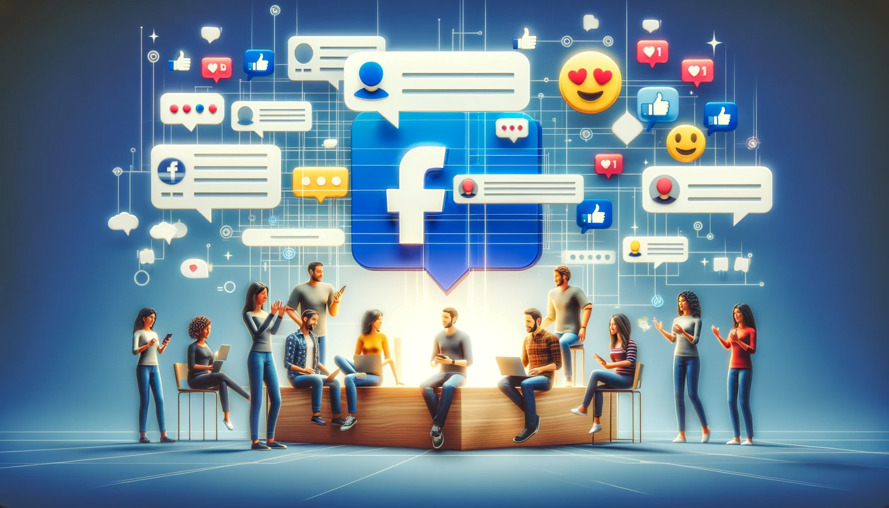 Groupe diversifié participant à une discussion en ligne au sein d'un groupe Facebook, représenté par des bulles de message, des émojis et des symboles d'interaction communautaire dans un environnement numérique.Groupes Facebook vs Pages