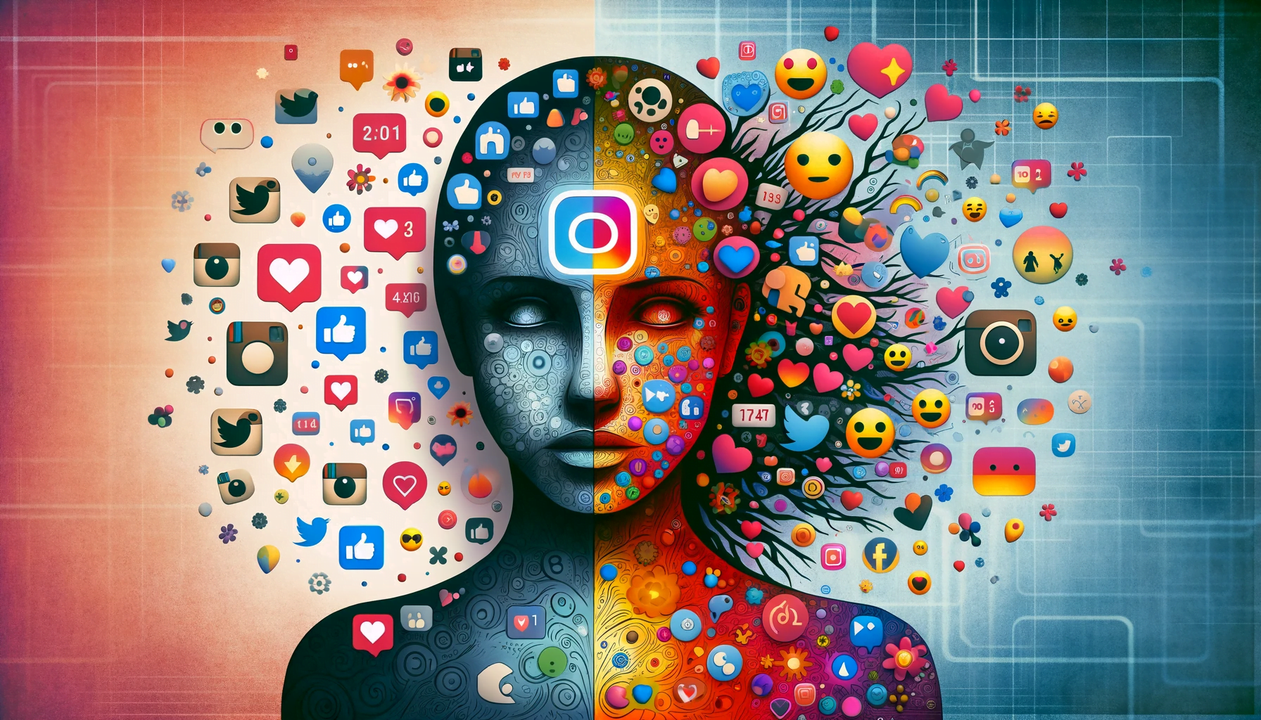 Silhouette d'une personne avec des images d'Instagram, montrant des moitiés vibrantes et atténuées symbolisant les impacts positifs et négatifs d'Instagram sur la santé mentale , Instagram On mental health