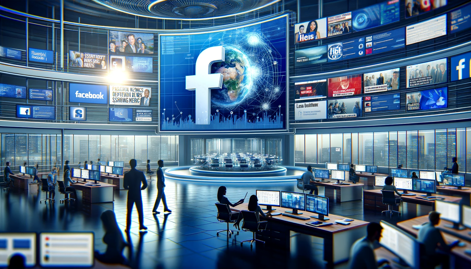 Facebook 的新闻革命:2024 年塑造巨大的舆论和信息流 1 现代新闻编辑室通过数字屏幕和记者突出 Facebook News 在新闻发布方面的影响力。