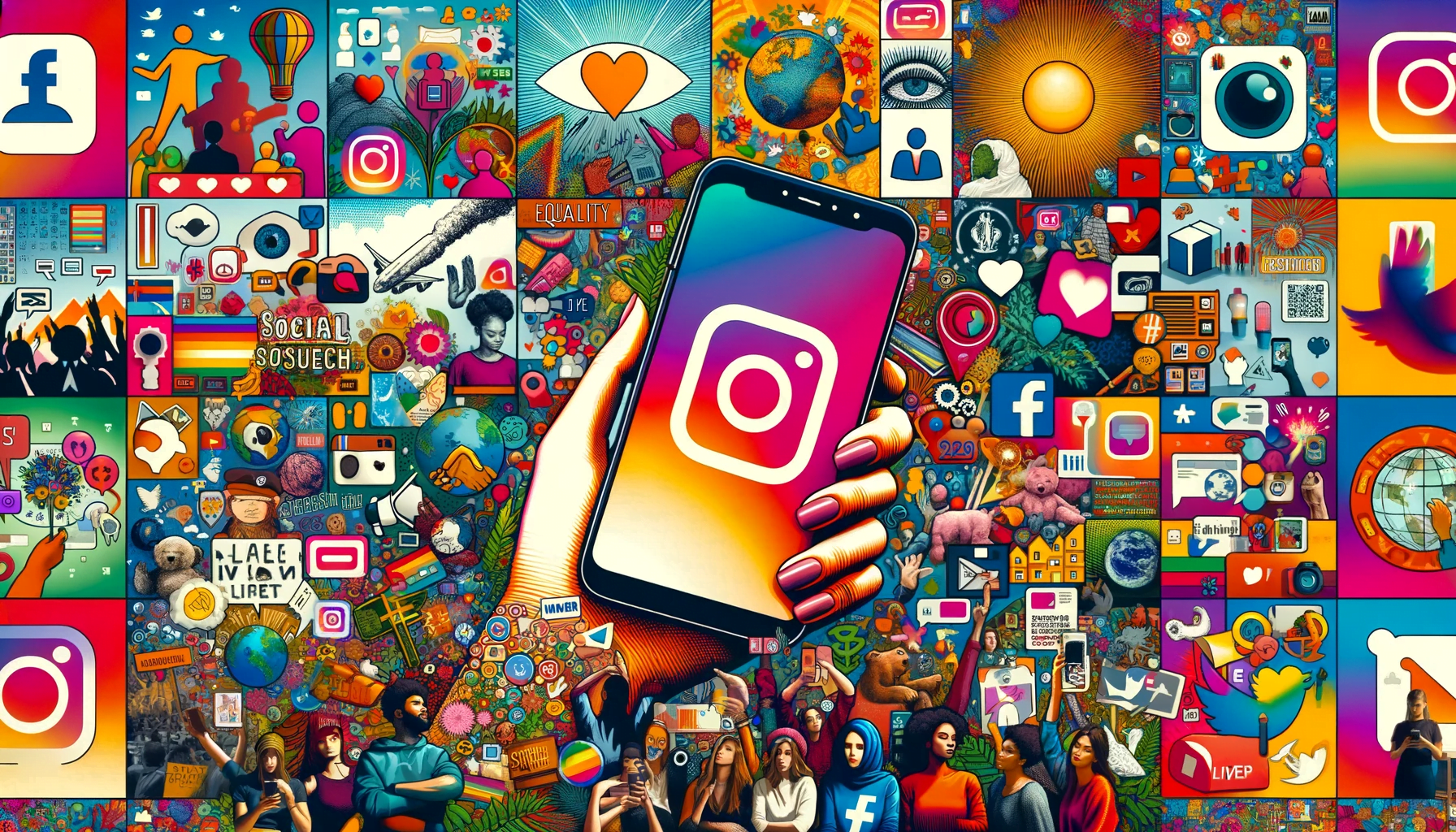Роль Instagram в социальных движениях :Коллаж социальной активности на Instagram, показывающий различные причины и функции Instagram, такие как хэштеги и истории