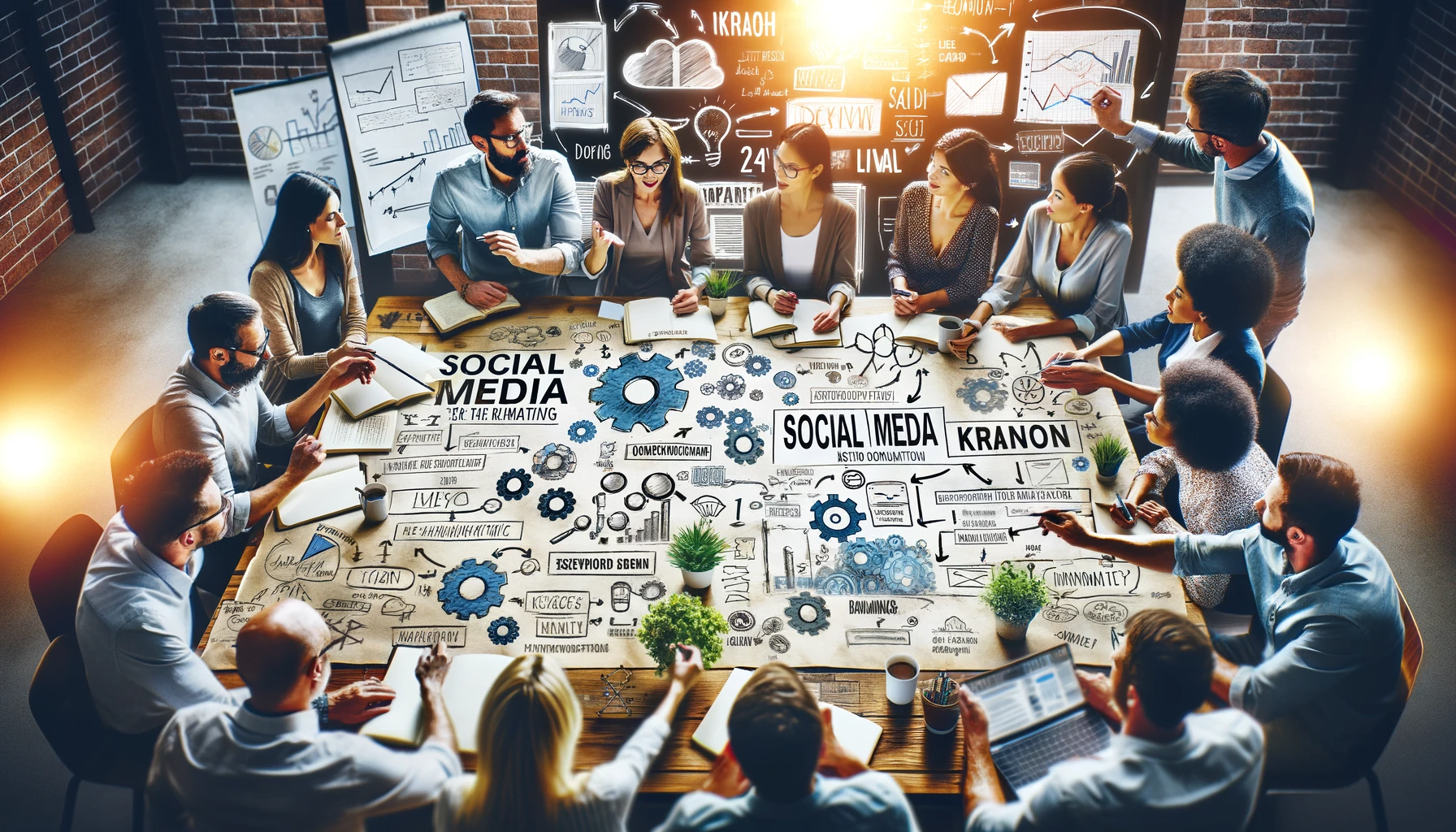 Social Media Keyword Optimization : Team brainstorming on social media trends and keyword optimization strategies.