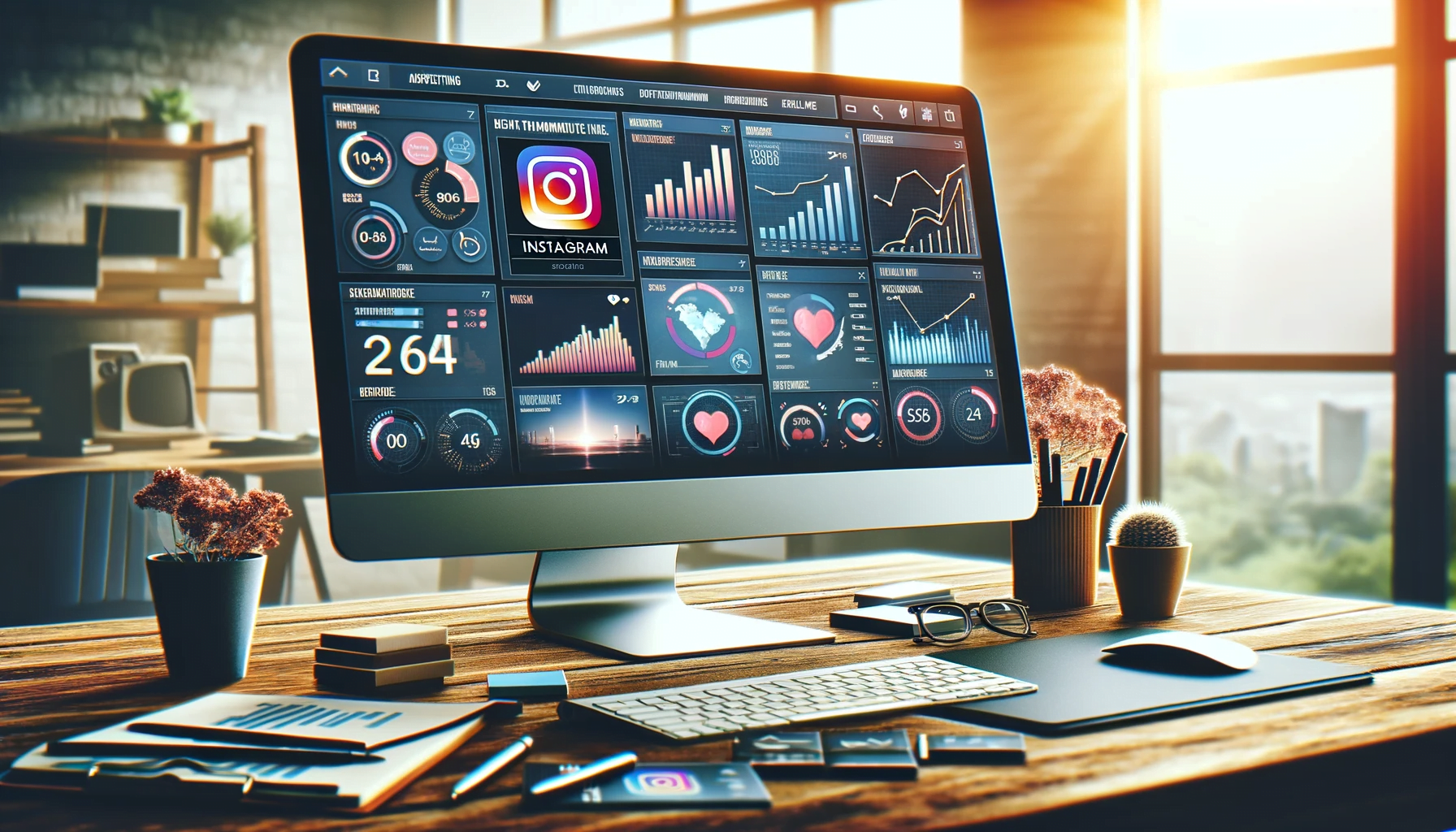 专业的数字营销工作区，屏幕上显示 Instagram 分析和参与数据，突出显示 2024 年 Instagram 广告战略。