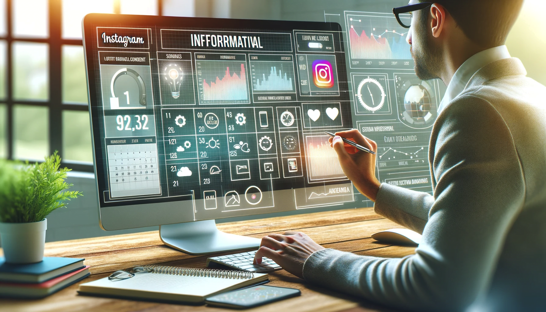 Digital content planning for Instagram with analytics in a modern workspace.