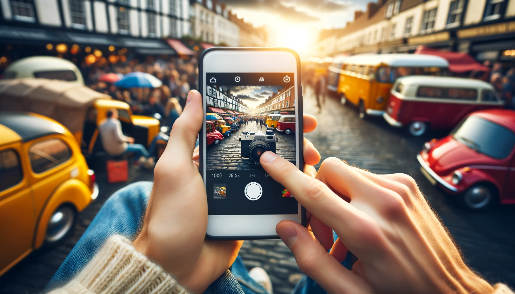 Photographer capturing an Instagram-worthy moment with a smartphone, emphasizing mobile photography.