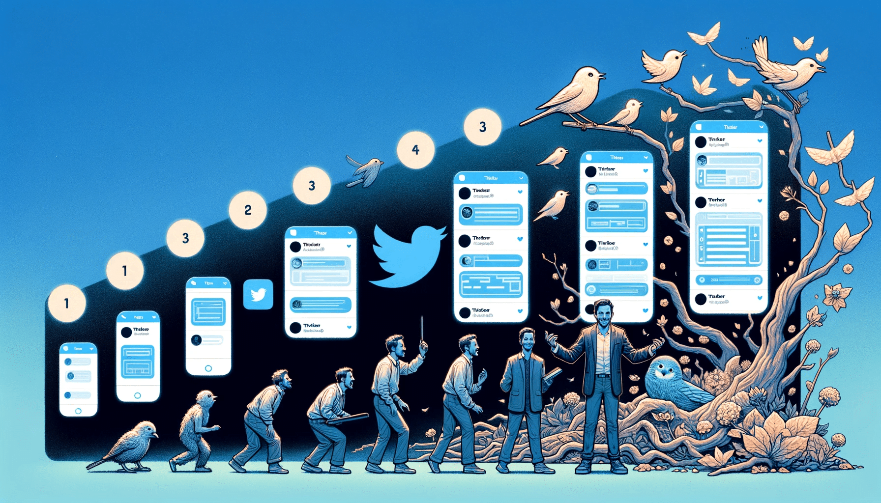 Twitter 用户界面演变的渐进阶段，展示早期的简洁设计、中期的增强功能、现代元素和当前的高级布局