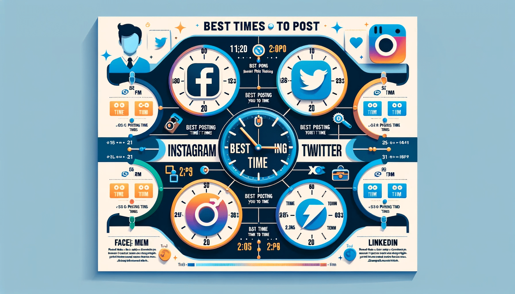 Best Time to Post on Social Media: Unlocking the Secrets in 2024 1 Infographic highlighting optimal posting times on Facebook, Instagram, Twitter, LinkedIn.